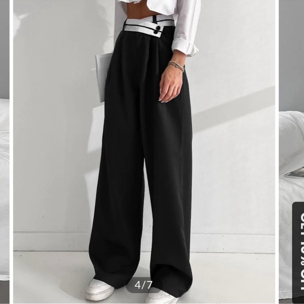 Commense Black Wide-Leg High-Waist Pants with Contrast White Waistband - Picture 3 of 8